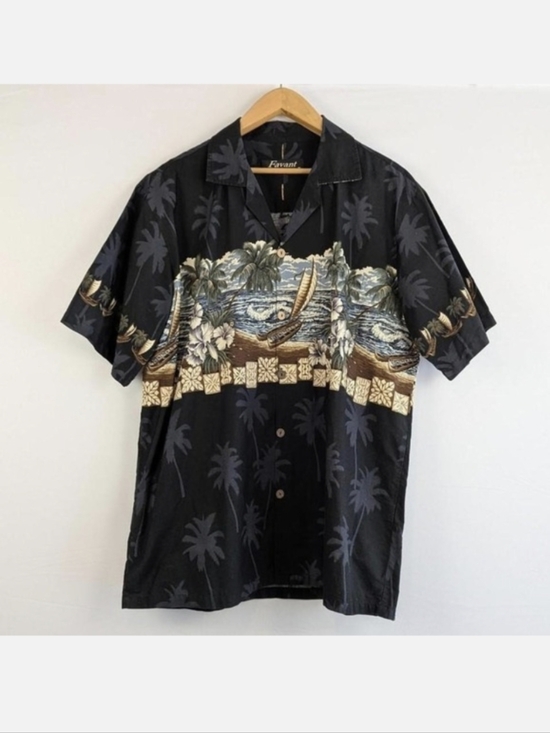 Vintage Other - Vintage Hawaiian Shirt Scenic Canoe Print Black Cotton Button Up – XL
